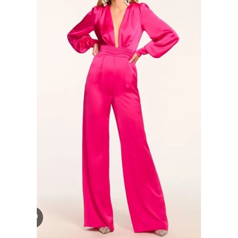 Ramy Brook Madelane Jumpsuit Hot Pink Plunging Neck Long Sleeve Wide Leg SIZE 2